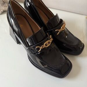 Sam Edelman Black Patent Leather Loafers with Gold Chain